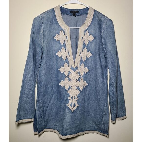 J. Crew|Blue Embroidered Cotton Blend Long Sleeve Tunic Top, 00 - Picture 4 of 9